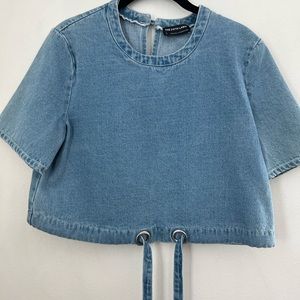 Fifth the label, denim, blouse, crop top with drawstring at the waist, size S